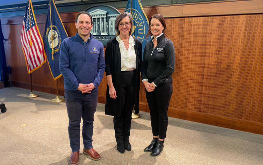 Louisville Mayor Craig Greenberg, James Graham Brown Foundation CEO, Mason Rummel, and VOA Mid-States President and CEO, Jennifer Hancock, pose for a picture after announcing funding for the Community Care Campus.